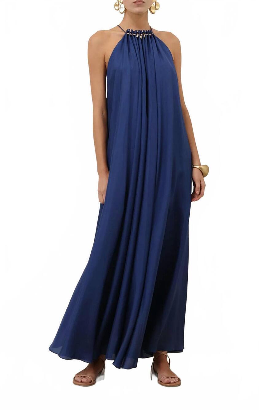 NEW ZIMMERMANN aster gathered bead midi dress in dark cobalt